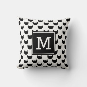 Girly chic Doodle black cat Monogram Personalised Cushion