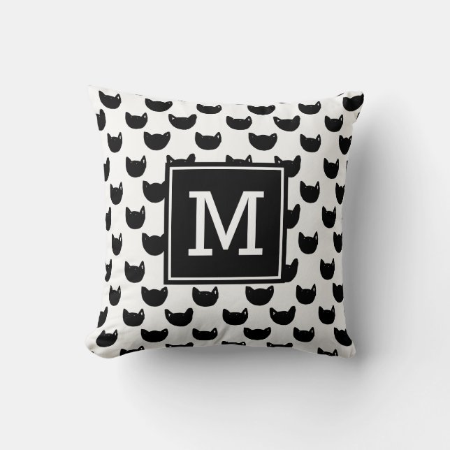 Girly chic Doodle black cat Monogram Personalised Cushion (Front)