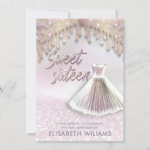 Girly chic dress drips  glittery holographic invit invitation