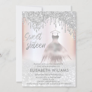Girly chic dress  drips silver glittery ombre invitation