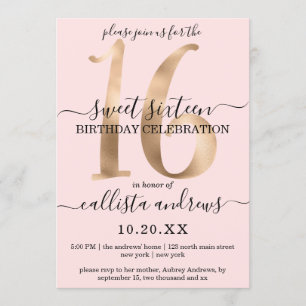 Girly Chic Faux Gold Blush Pink Sweet 16 Invitation