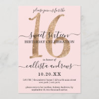 Girly Chic Faux Gold Glitter Blush Pink Sweet 16