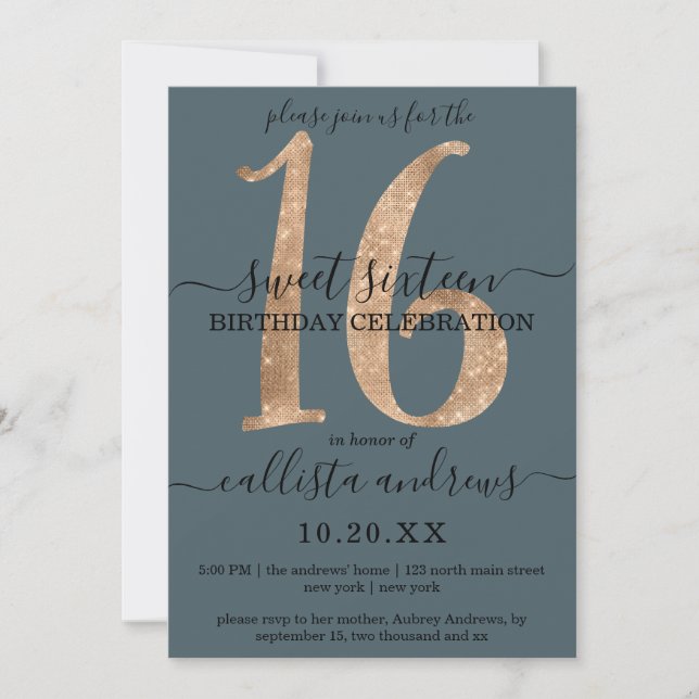 Girly Chic Faux Gold Glitter Dusty Blue Sweet 16 Invitation (Front)