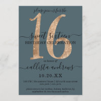 Girly Chic Faux Gold Glitter Dusty Blue Sweet 16