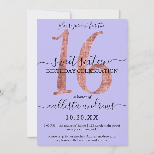 Girly Chic Faux Rose Gold Glitter Purple Sweet 16 Invitation (Front)