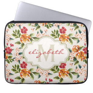 Girly Chic Floral Pattern with Monogram Name Laptop Sleeve