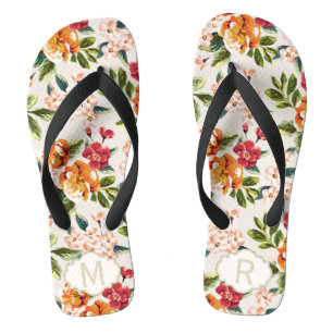 Girly Chic Floral Pattern with Monogram Name Thongs
