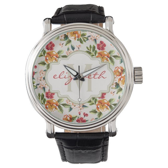 Girly Chic Floral Pattern with Monogram Name Watch (Front)