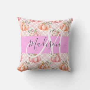 Girly Chic Floral Pink Peach Pumpkin Monogram Name Cushion