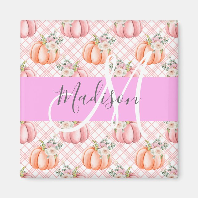 Girly Chic Floral Pink Peach Pumpkin Monogram Name Magnet (Front)