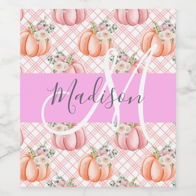 Girly Chic Floral Pink Peach Pumpkin Monogram Name Wine Label (Single Label)