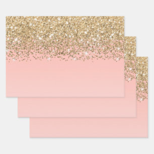 Girly Chic Gold Confetti Pink Gradient Ombre Wrapping Paper Sheet
