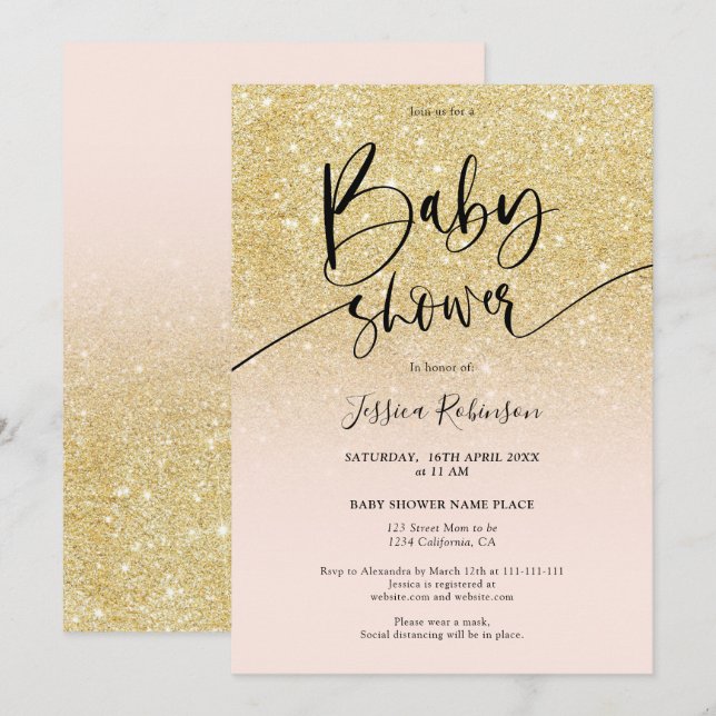 Girly chic gold glitter ombre pink baby shower invitation (Front/Back)