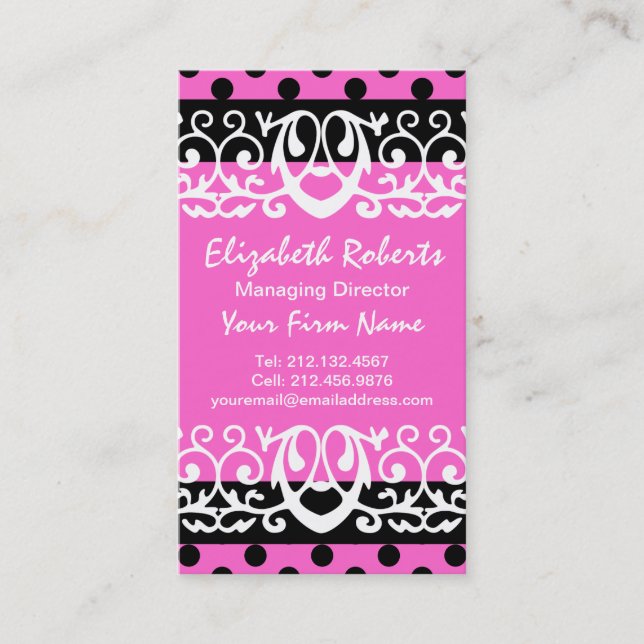 Girly Chic Hot Pink and Black Polka Dots Business Card (Front)