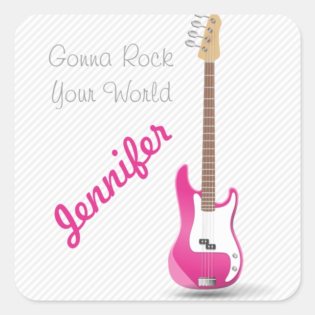 Girly Chic Hot Pink Electric Guitar White Stripes Square Sticker (Front)