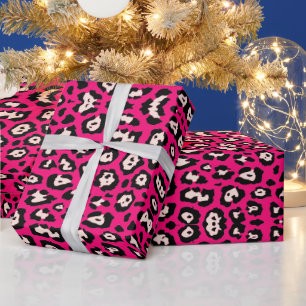 Girly chic leopard print black blush pink hot pink wrapping paper