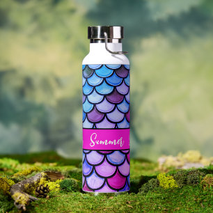 Girly Chic Magenta Purple Blue Mermaid Scales Water Bottle