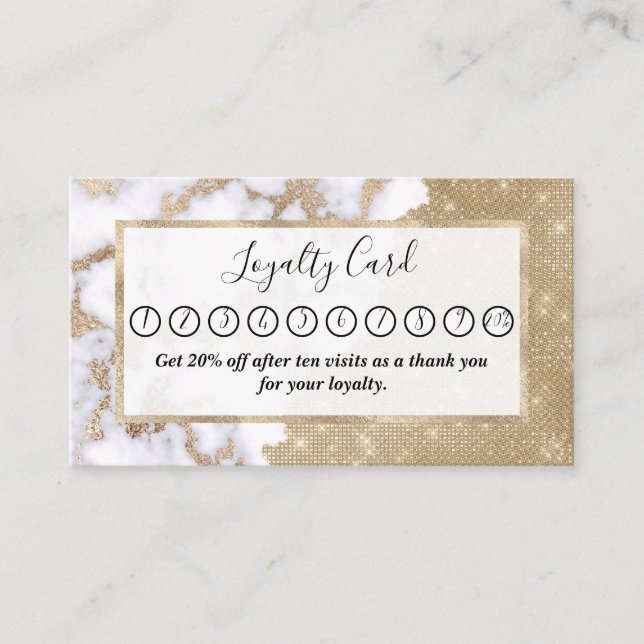 Girly Chic Modern Glam Gold Glitter Marble Pattern Loyalty Card (Front)