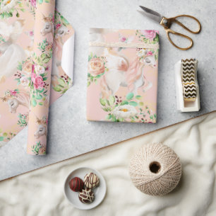 Girly Chic Modern Watercolor Floral Unicorn Wrapping Paper