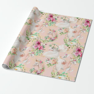 Girly Chic Modern Watercolor Floral Unicorn Wrapping Paper