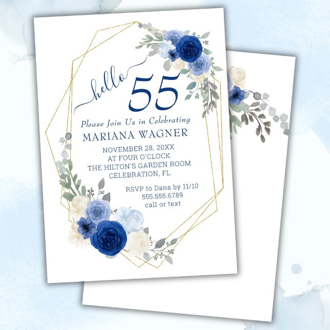 Girly Chic Navy Blue Floral 55th Birthday Invitation (Creator Uploaded)