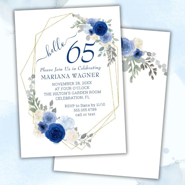 Girly Chic Navy Blue Floral 65th Birthday Invitation (Creator Uploaded)