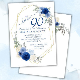 Girly Chic Navy Blue Floral 90th Birthday Invitation