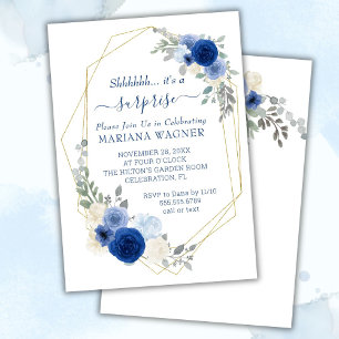 Girly Chic Navy Blue Floral Surprise Birthday Invitation