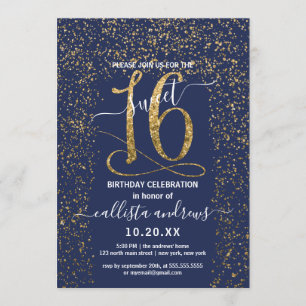 Girly Chic Navy Blue Gold Confetti Border Sweet 16 Invitation