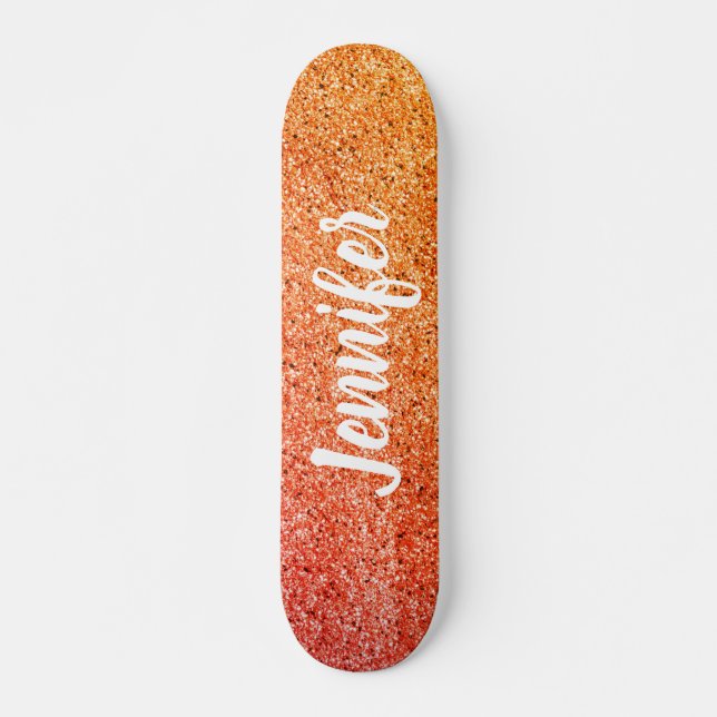 Girly Chic Orange Yellow Glitter Personalised Kids Skateboard (Front)