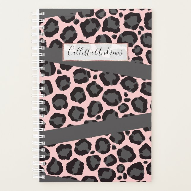 Girly Chic Pink Black Grey Leopard Cheetah Print Planner (Front)