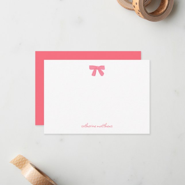 Girly Chic Pink Bow Custom Stationery Note Card  (Front/Back In Situ)