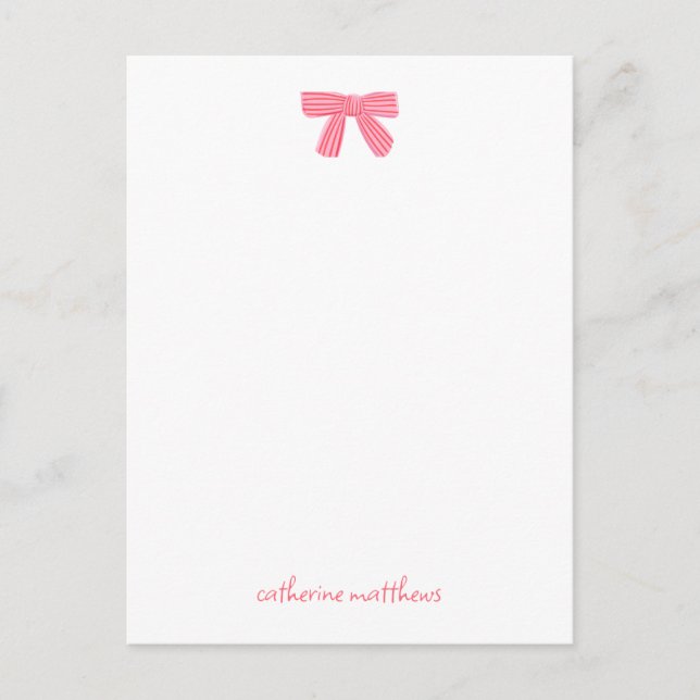 Girly Chic Pink Bow Custom Stationery Postcard (Front)