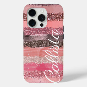 Girly Chic Pink Coral Paint Glitter Brushstrokes iPhone 15 Pro Case