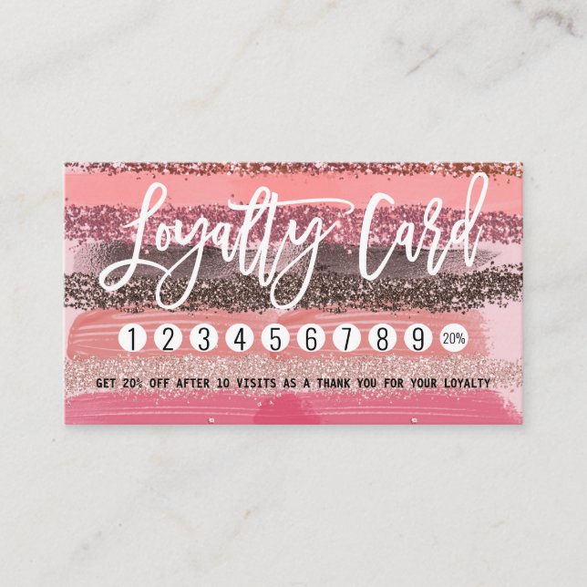 Girly Chic Pink Coral Paint Glitter Brushstrokes Loyalty Card (Front)
