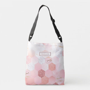 Girly Chic Pink Glitter Marble Personalised Name Crossbody Bag