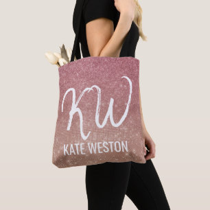 Girly Chic Pink Gold Glitter Ombre Monogram Tote Bag