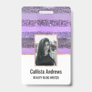 Girly Chic Purple Paint Glitter Brushstrokes ID Badge