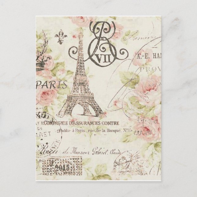 girly chic romantic floral paris eiffel tower postcard (Front)