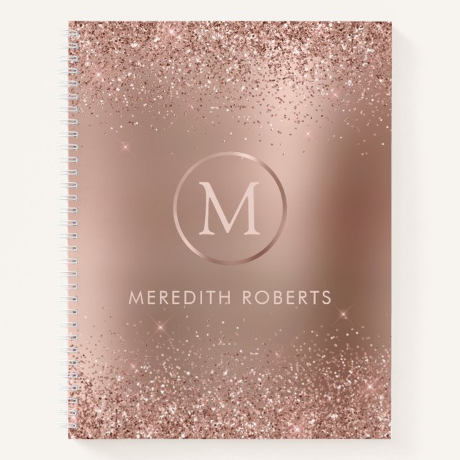 Girly Chic Rose Gold Glitter Metallic Monogram Notebook (Front)