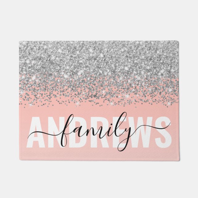 Girly Chic Silver Confetti Pink Gradient Monogram Doormat (Front)