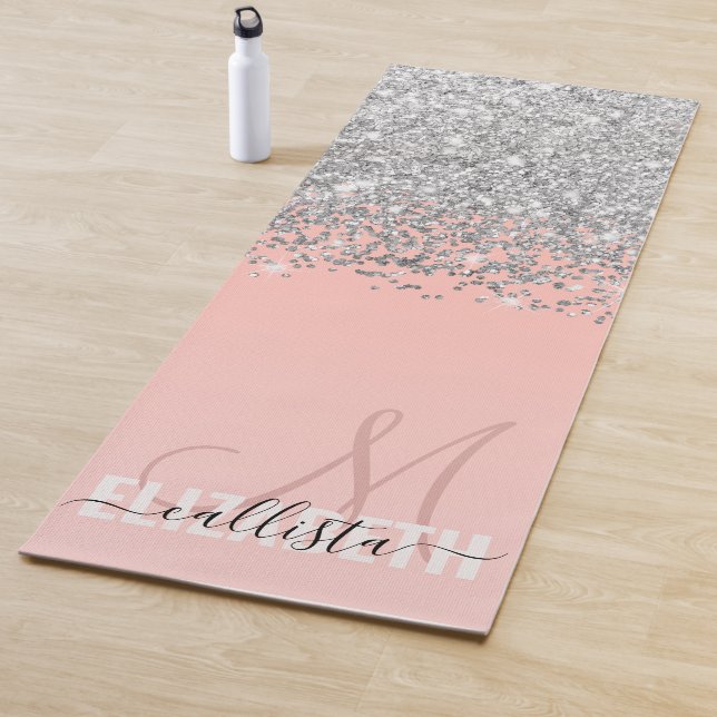 Girly Chic Silver Confetti Pink Gradient Monogram Yoga Mat (In Situ)