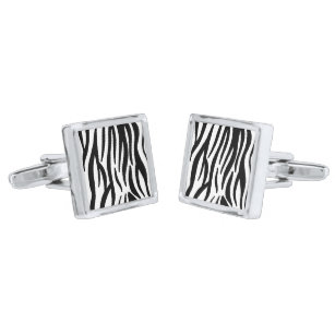girly chic stylish black white zebra print silver finish cufflinks