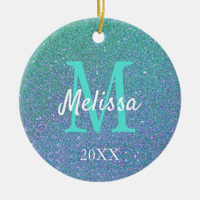 Girly Chic Teal Blue Glitter Sparkle Monogram Ceramic Ornament (Front)