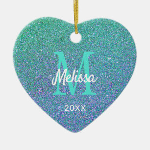 Girly Chic Teal Blue Glitter Sparkle Monogram Name Ceramic Ornament