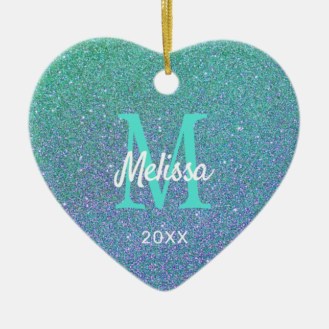 Girly Chic Teal Blue Glitter Sparkle Monogram Name Ceramic Ornament (Front)
