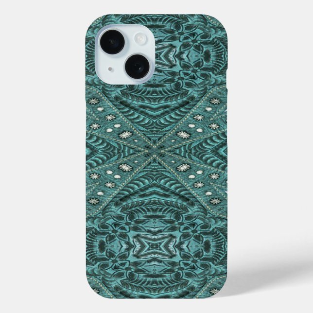 girly chic teal turquoise tooled leather pattern Case-Mate iPhone case (Back)