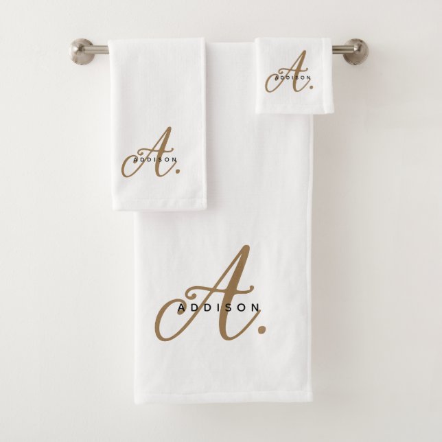 Girly Chic White Gold Script Monogram Typography Bath Towel Set (Insitu)