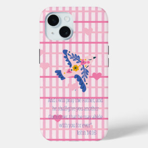 Girly  Christian Pink Lattice Heart Folk Art Dove iPhone 15 Case
