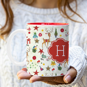 Girly Christmas Reindeer   Monogram Two Tone Mug